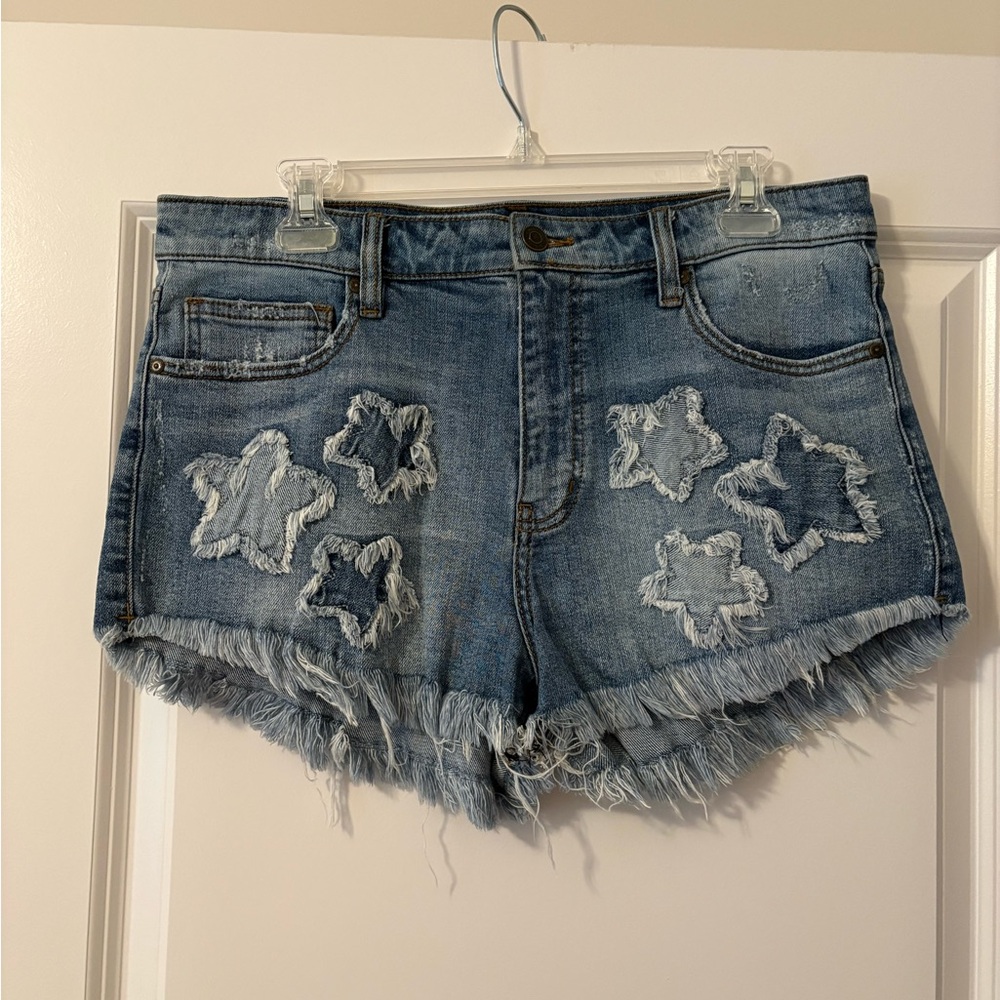 eunina Distressed Star Patch Denim Shorts - Blue